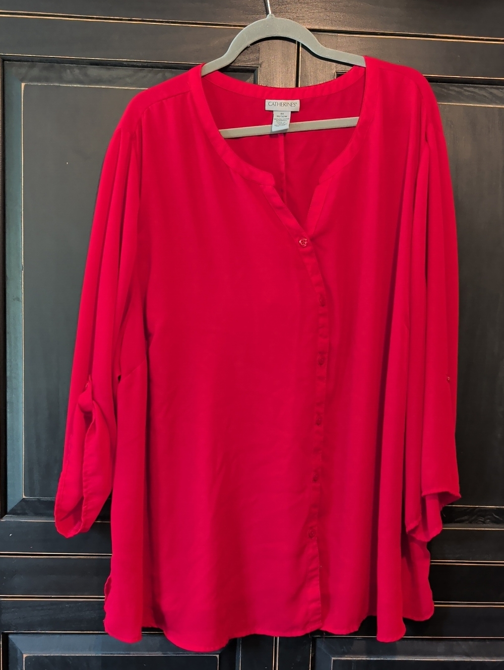 Catherines Bright Red Button-Front Tunic with Roll-Tab Sleeves